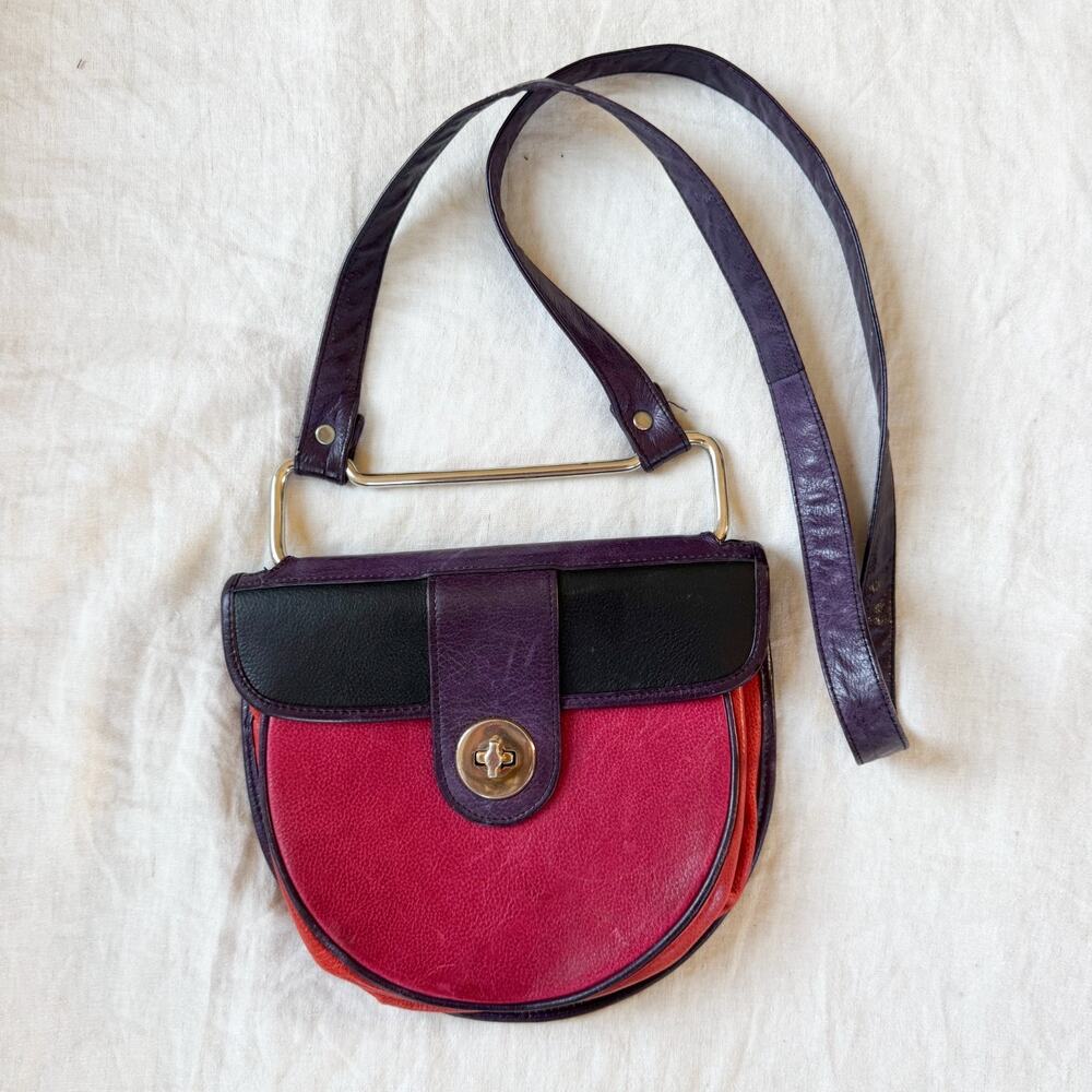 VTG Y2K Maxx New York Colorblock Leather Crossbody Bag Purple Pink Black Gold